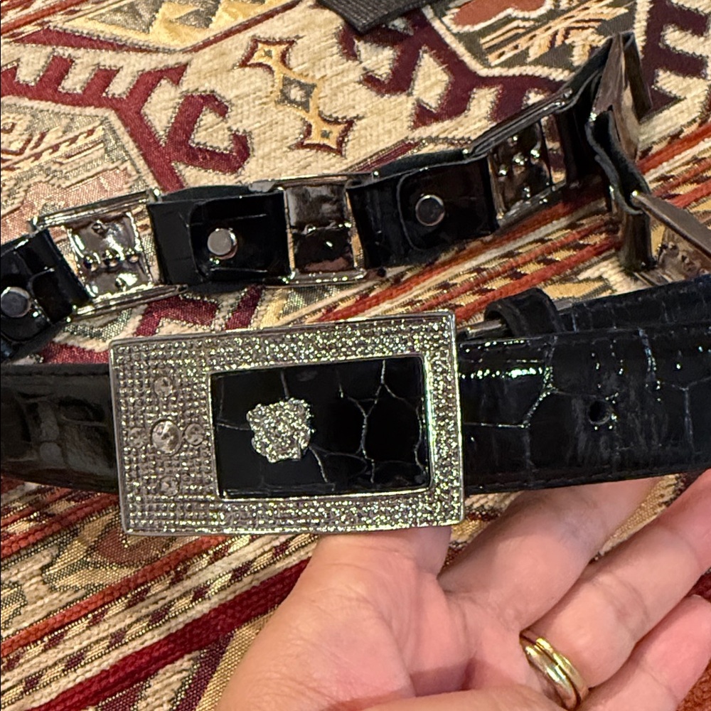 Black Croc-Embossed Belt with Silver tone Buckle